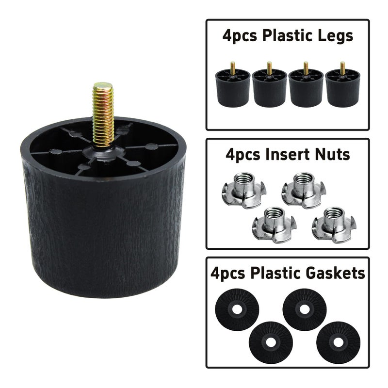 bociloy 4PCS 2.5 Inch Plastic Furniture Legs, Round Tapered M8 Thread Sofa Couch Chair Feet Leg Replacement with M8 Hanger Bolts and T-Nuts, Black - Image 3